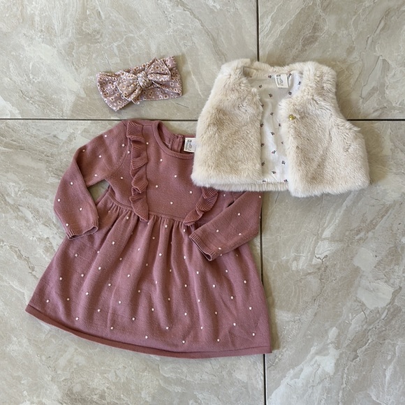 🌸 Pink Knit Dress + Faux Fur Vest + Bow Set (3-Piece) – Size 6-9M - Picture 11 of 11